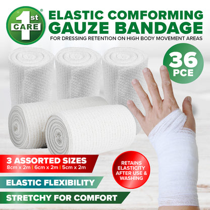 1st Care 36PCE Elastic Gauze Bandages 3 Sizes Re-Usable Washable Stretchy