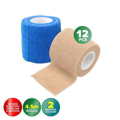 1st Care 12PCE Adhesive Fabric Bandage Rolls Flexible Lightweight 4.5m