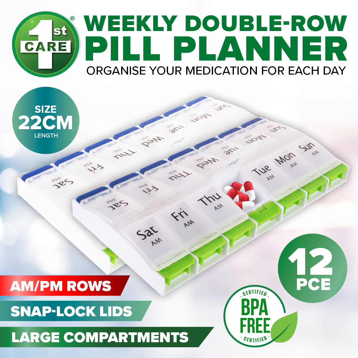 1st Care 12PCE Weekly Pill Organiser Large AM/PM Compartments 11 x 22cm