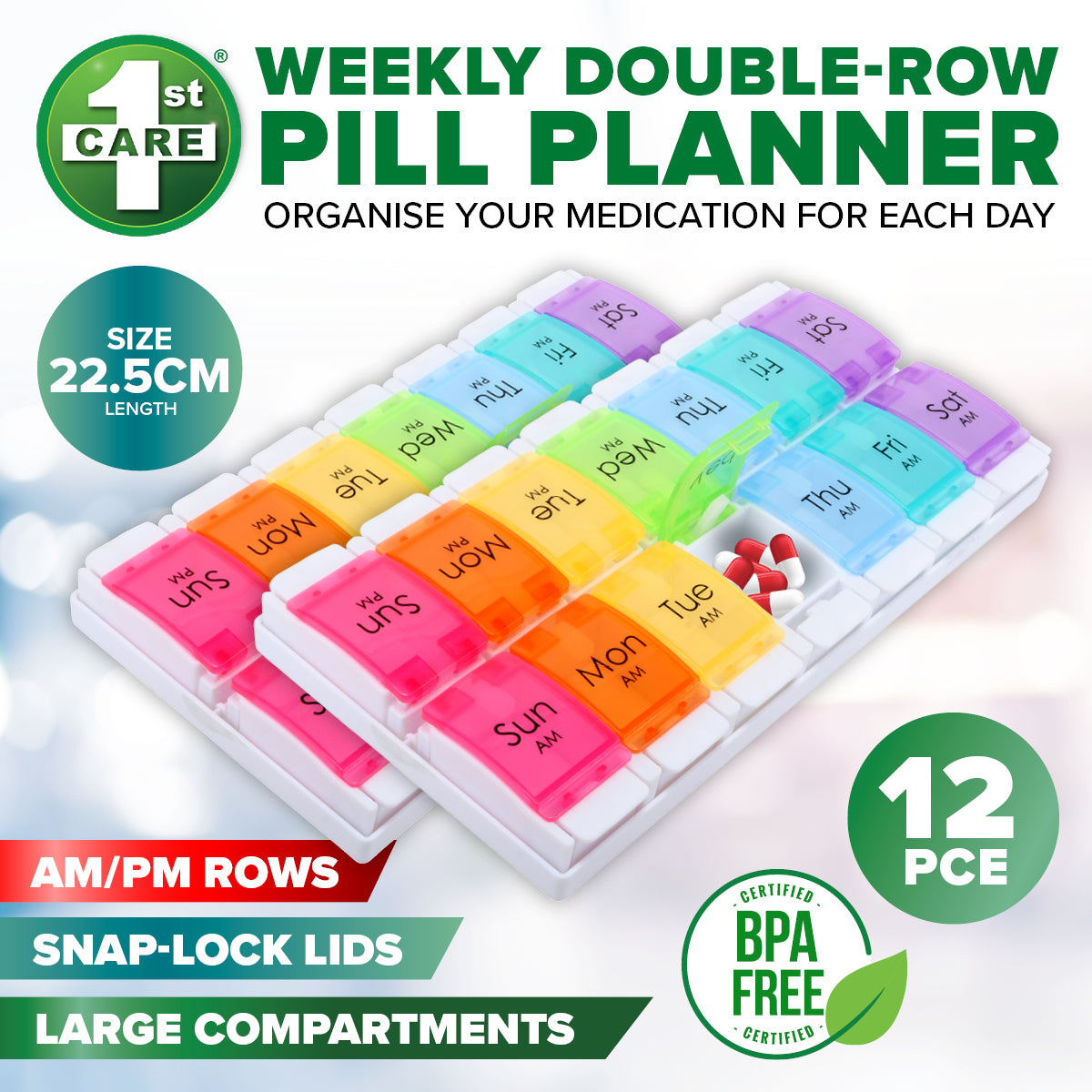 1st Care 12PCE Weekly Pill Organiser Large AM/PM Compartments 11.5 x 22.5cm