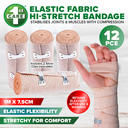 1st Care 12PCE Elastic Bandages Flexible Stretchy Reusable Washable 1m